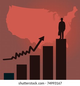 Image of a red business scene background with United States map, business man silhouette.