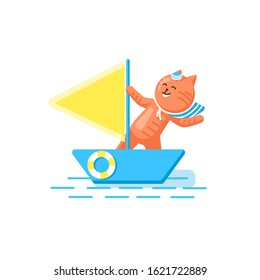 Image of a red cat on a blue boat with a sail and a lifebuoy in a flat style. Can be used as sticker, icon, symbol.