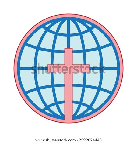 Image of a red cross on the background of a blue globe. The symbol of the global international Christian mission of the Church. The preaching of the Gospel of Jesus Christ. EPS 10. Vector illustration