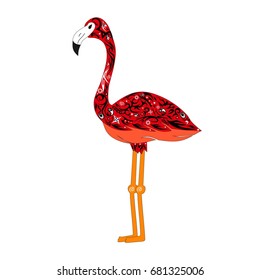 the image of a red flamingo, the bird with a pattern a vector, an animal costs sideways, exotic fauna, an animal with the drawing from figures and flowers