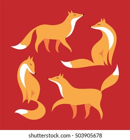 the image of a red fluffy fox in different poses. Set