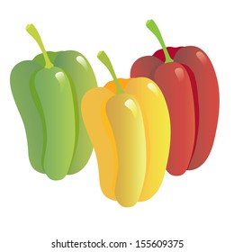 Image of red, green and yellow pepper on a white background.