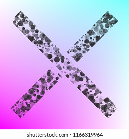 An image of a red grunge x. Vector. Gray icon with bubbled texture at color background with pink and sky blue corners.