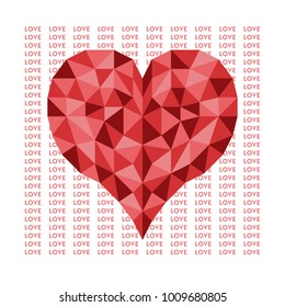 An image of a red heart on the background of an often repeating word “LOVE“ to a St. Valentine's Day set for a greeting card or invitation card. Version 1