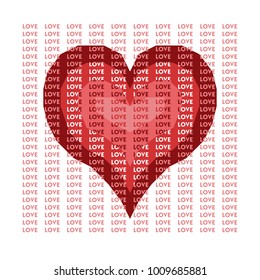 An image of a red heart on the background of an often repeating word “LOVE” to a St. Valentine's Day set for a greeting card or invitation card. Version 2