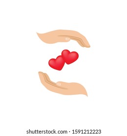 Image of a red heart in the palms. Vector graphics.