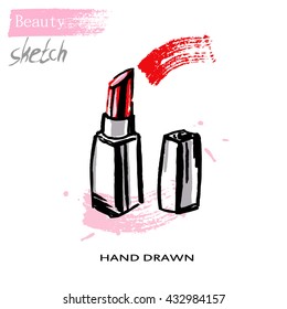 Image red lipstick, sketch colorful markers, hand drawn. Beauty cosmetics. Vector illustration.