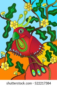 An image of a red parrot sitting on a tree.
