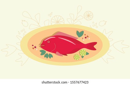 Image with red perch on a dish with lime and different peppers