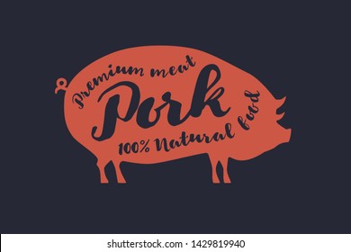 Image of red pig silhouette and inscription. Farm animal with sample text. Emblem for butcher shops, markets, packaging and advertising. Vector illustration on dark background.