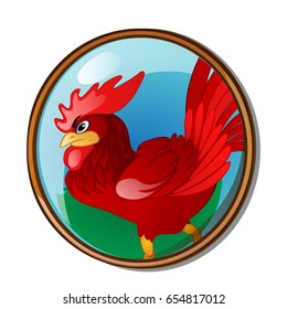 The image of the red rooster in round frame isolated on white background. Vector cartoon close-up illustration.
