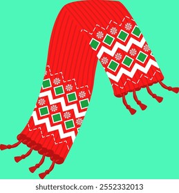 image of a red scarf with white and green winter and Christmas motifs