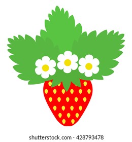 image of red strawberry with green leaves and small flowers on a white background. flat design