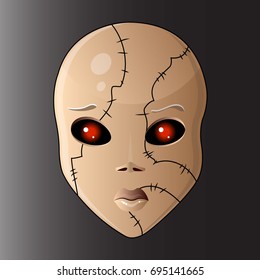 Image of a red-eyed doll face on a black background.