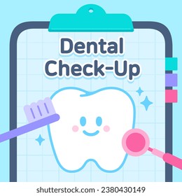 Image of regular dental checkup. A tooth character on an examination chart, with a toothbrush and medical instruments examining it.