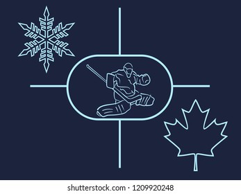 Image relative to canada hockey. Goalie, snowflake and maple leaf