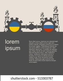 Image relative to gas transit from Russia to Ukraine. Gears connected by gas pipe. National flags on cog wheels. Modern vector brochure, report or leaflet design template.