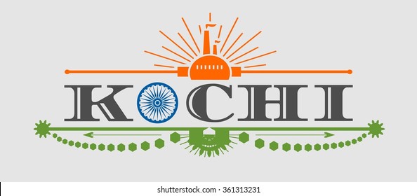 Image relative to India industry. Kochi city name with flag colors styled letter O. Urban industrial cluster. Vintage elements 