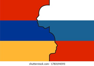 Image relative to politic and economic relationship between Armenia and Russia. National flags inside the heads of the businessmen. Teamwork concept.