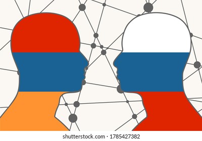 Image relative to politic and economic relationship between Armenia and Russia. National flags inside the heads of the businessmen. Teamwork concept.
