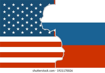 Image relative to politic and economic relationship between USA and Russia. National flags inside the heads of the businessmen. Teamwork concept.