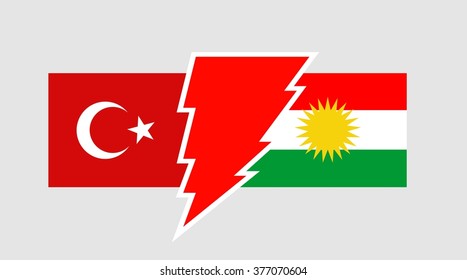 Image relative to politic relationships between Kurdistan and Turkey. National flags divided by high voltage sign