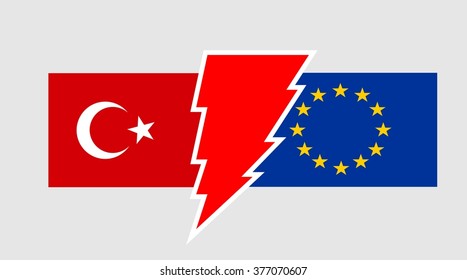 Image relative to politic relationships between European Union  and Turkey. National flags divided by high voltage sign