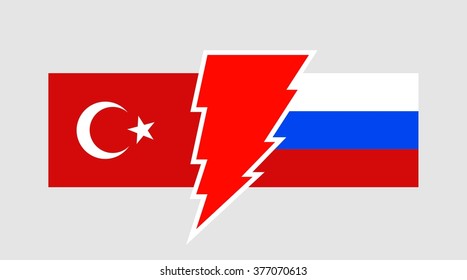 Image relative to politic relationships between Russia and Turkey. National flags divided by high voltage sign