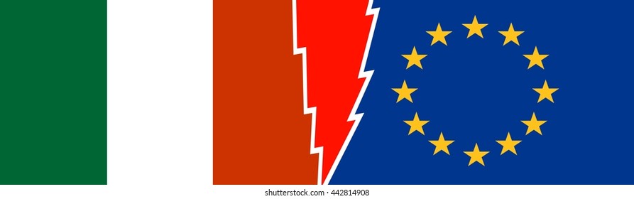 Image relative to politic relationships between European Union and Italy. National flags divided by high voltage sign