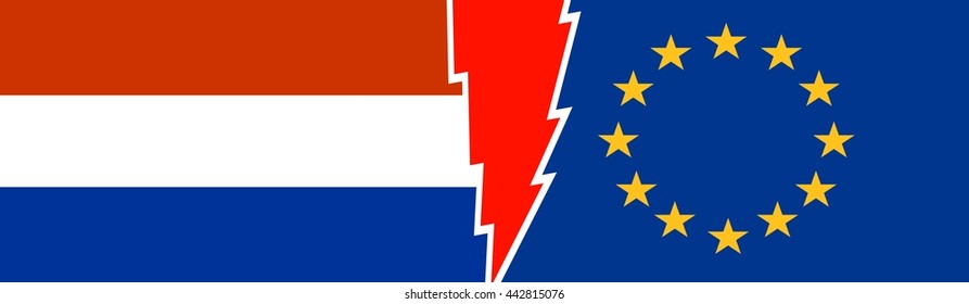 Image relative to politic relationships between European Union and Netherlands. National flags divided by high voltage sign