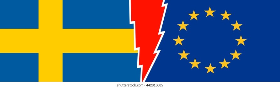 Image relative to politic relationships between European Union and Sweden. National flags divided by high voltage sign