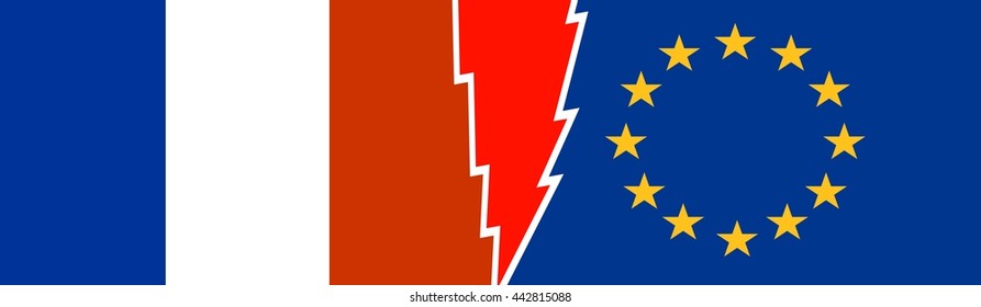 Image relative to politic relationships between European Union and France. National flags divided by high voltage sign