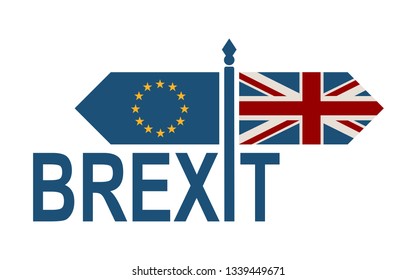 Image relative to politic situation between great britain and european union. Politic process named as brexit. National flags on destination arrow road. Brexit text