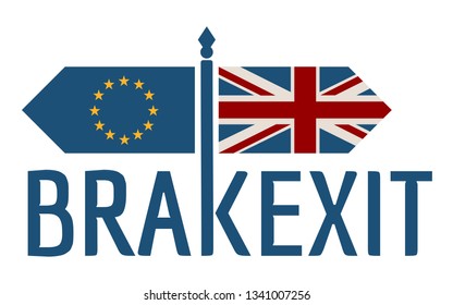 Image relative to politic situation between great britain and european union. Politic process named as brexit. National flags on destination arrow road. Brakexit text