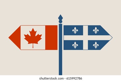 Image relative to politic situation between Canada and Quebec. National flags on destination arrow road