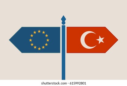 Image relative to politic situation between Turkey and European Union. National flags on destination arrow road