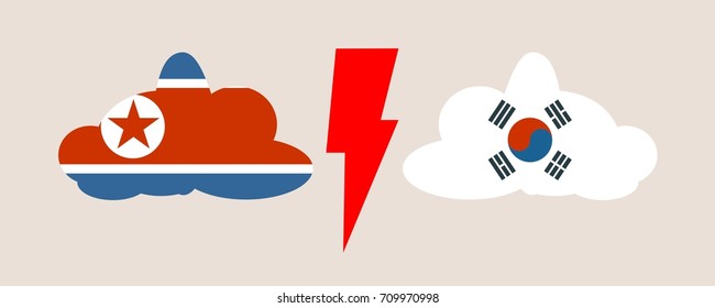 Image relative to politic situation between South Korea and North Korea. National flags on clouds divided by lighting