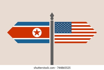 Image relative to politic situation between USA and North Korea. National flags on destination arrow road