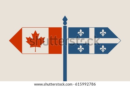 Image relative to politic situation between Canada and Quebec. National flags on destination arrow road
