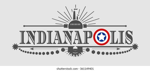 Image relative to USA industry. Indianapolis city name with flag colors styled letter O. Urban industrial cluster. Vintage elements 