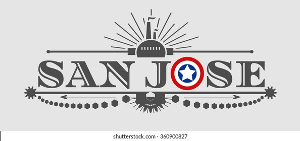 Image relative to USA industry. San Jose city name with flag colors styled letter O. Vintage elements 