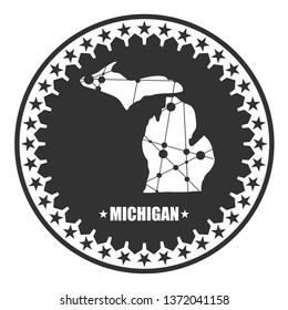 Image relative to USA travel. Michigan state map textured by lines and dots pattern. Stamp in the shape of a circle