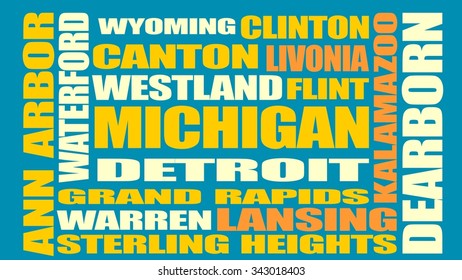 Image relative to USA travel. Michigan cities and places names cloud