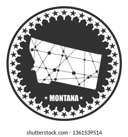 Image relative to USA travel. Montana state map textured by lines and dots pattern. Stamp in the shape of a circle