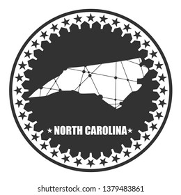 Image relative to USA travel. North Carolina state map textured by lines and dots pattern. Stamp in the shape of a circle