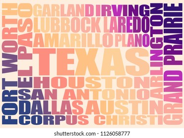 Image relative to USA travel. Texas cities and places names cloud.