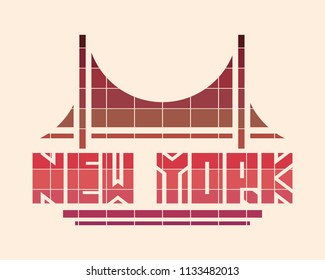 Image relative to USA travel theme. New York city name with bridge cutout silhouette. Urban scene. Creative vintage typography poster concept.