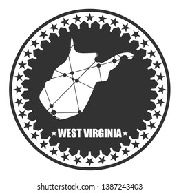 Image relative to USA travel. West Virginia state map textured by lines and dots pattern. Stamp in the shape of a circle