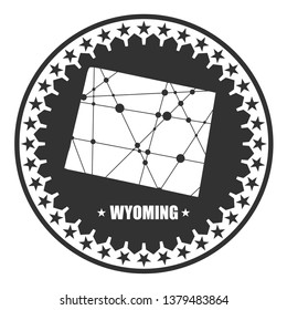 Image relative to USA travel. Wyoming state map textured by lines and dots pattern. Stamp in the shape of a circle