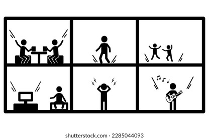 Image of a rental house with a lot of noise problems and people stressed by them, Vector Illustration
